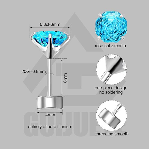 Blue hypoallergenic ASTM F136 Titanium screw-on stud earrings with rose cut cubi - Picture 3 of 5